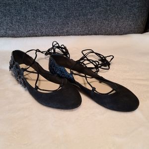 Sophia Webster Black Suede Ankle Tie-Up Butterfly Flats, size 38, brand new